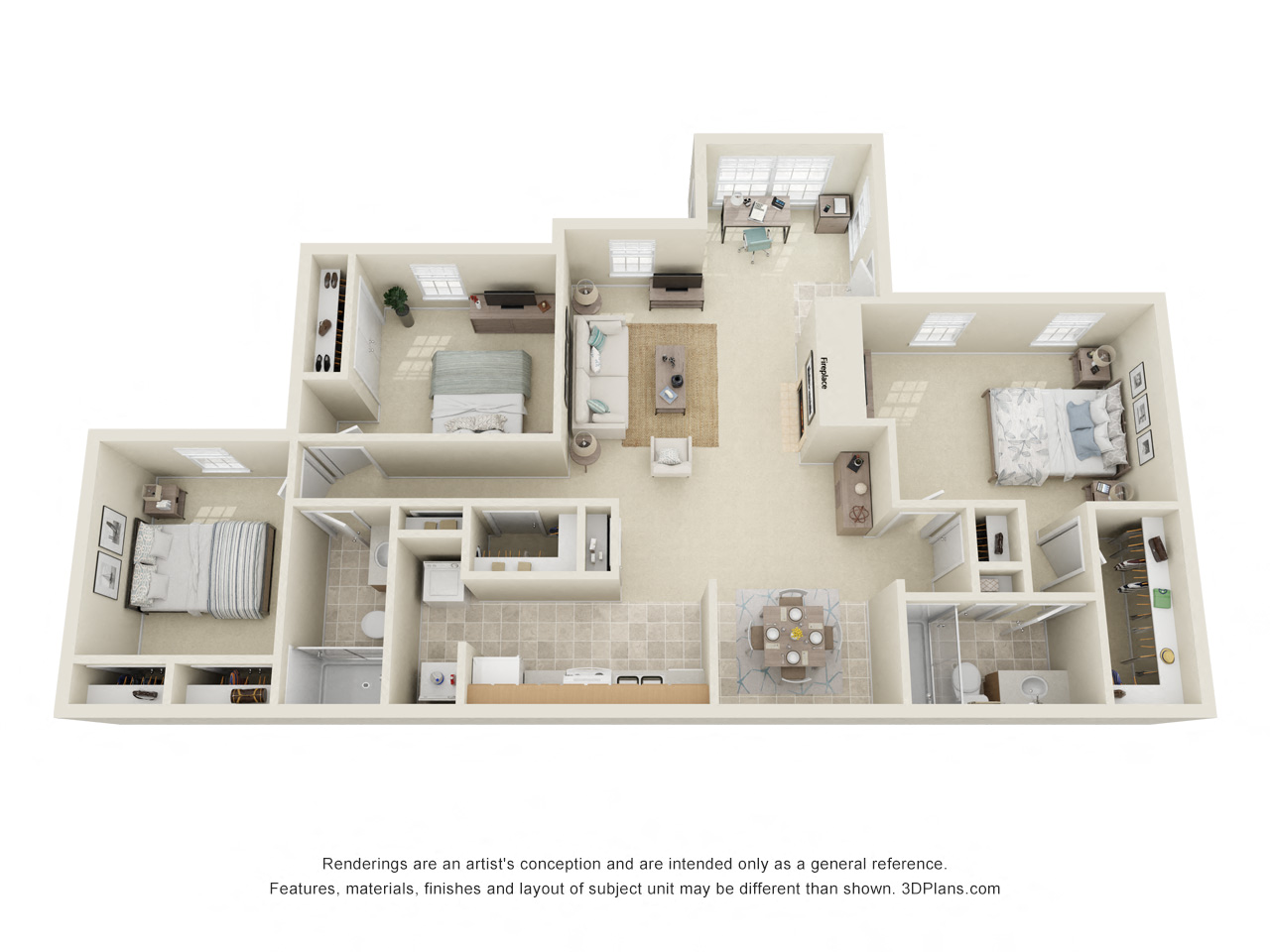 Floor plan for 3 beds, 2 baths, 1370 sqft